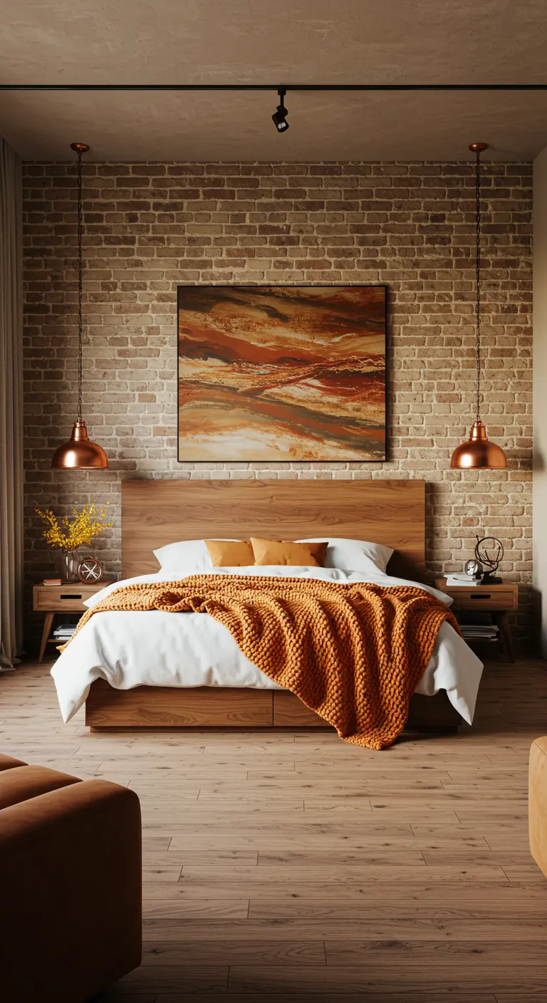 Slaapkamer met bakstenen muur, houten bed, oranje dekens en koperen hanglampen.