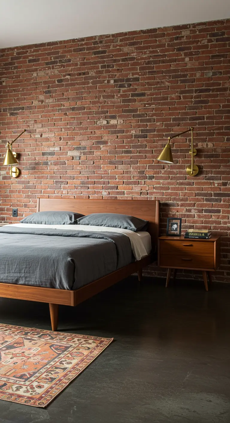 Slaapkamer met bakstenen muur, walnoothouten bed, messing wandlampen en Perzisch vloerkleed.