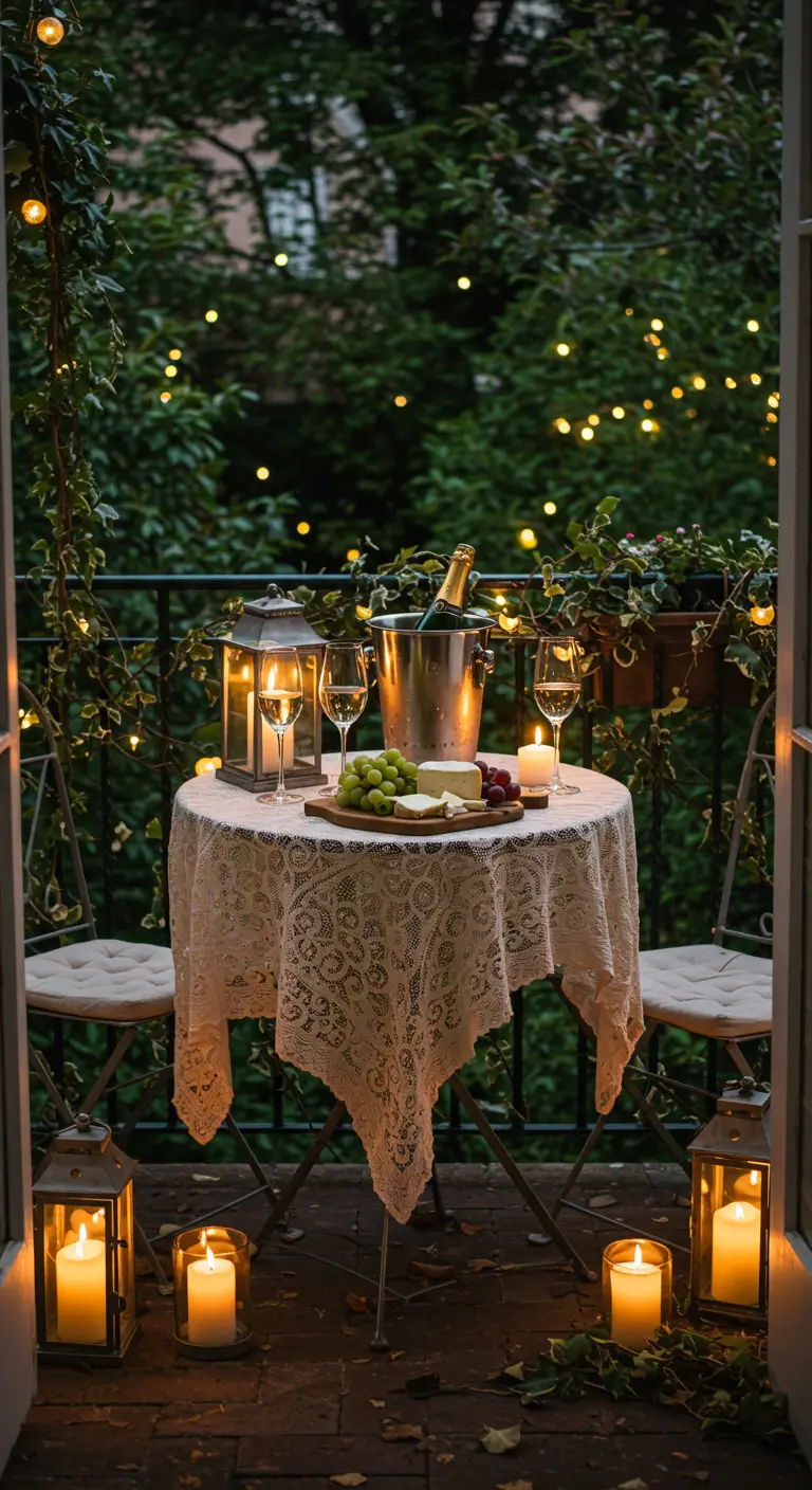 Romantisch gedekte tafel op balkon met kant, kaarsen en champagne.