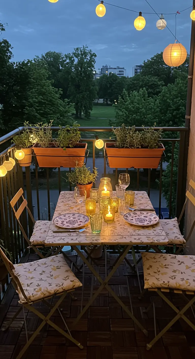 Klein balkon met tafel, twee stoelen, plantenbakken, lampionnen en kaarsen.