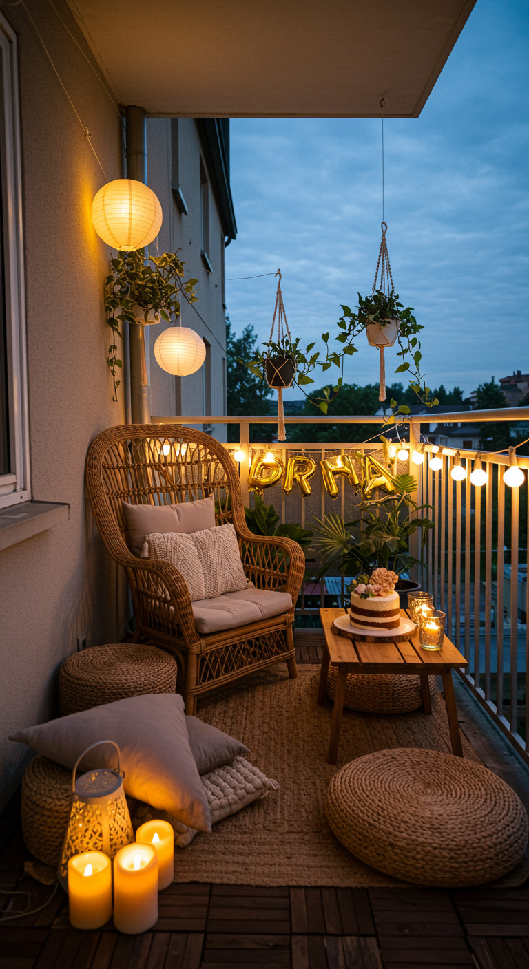 Gezellig boho balkonfeestje met rotan stoel, lichtslingers en lampionnen.