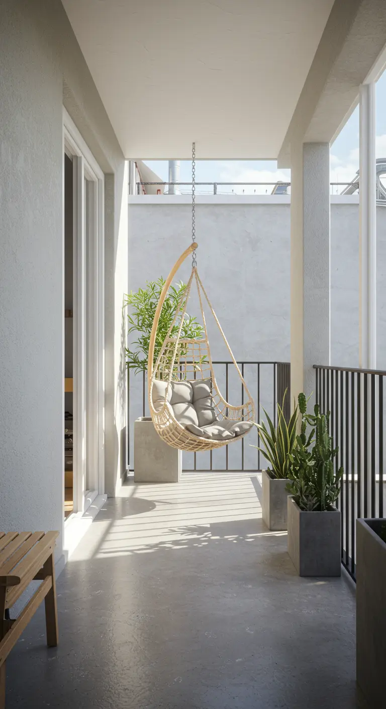 Rieten hangstoel met lichte kussens op een modern balkon met open railing en planten in betonnen potten.