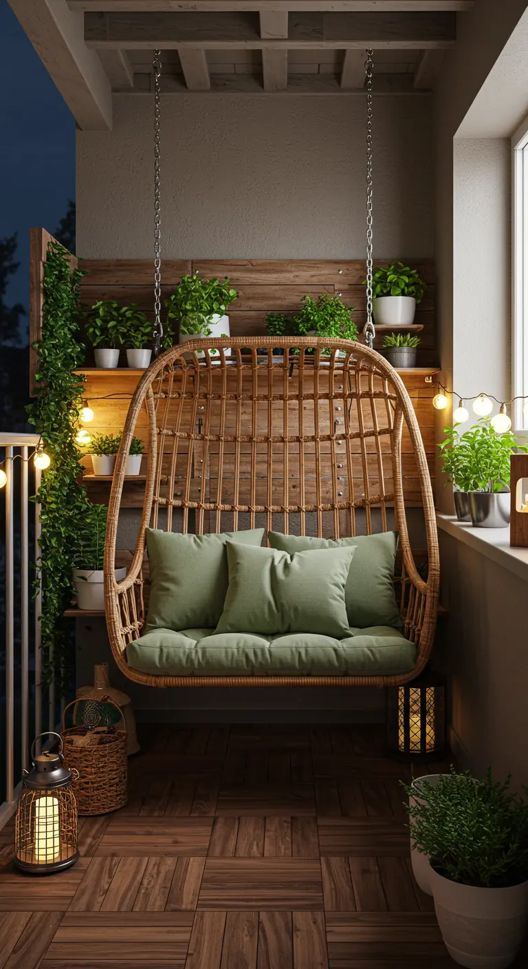 Rotan schommelbank met groene kussens op een klein balkon met planten en lichtslingers.