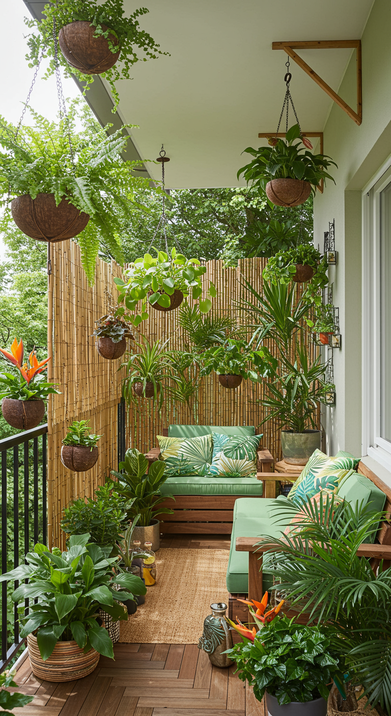Balkon met bamboe schutting, hangende kokosnoot plantenbakken en weelderige tropische planten.