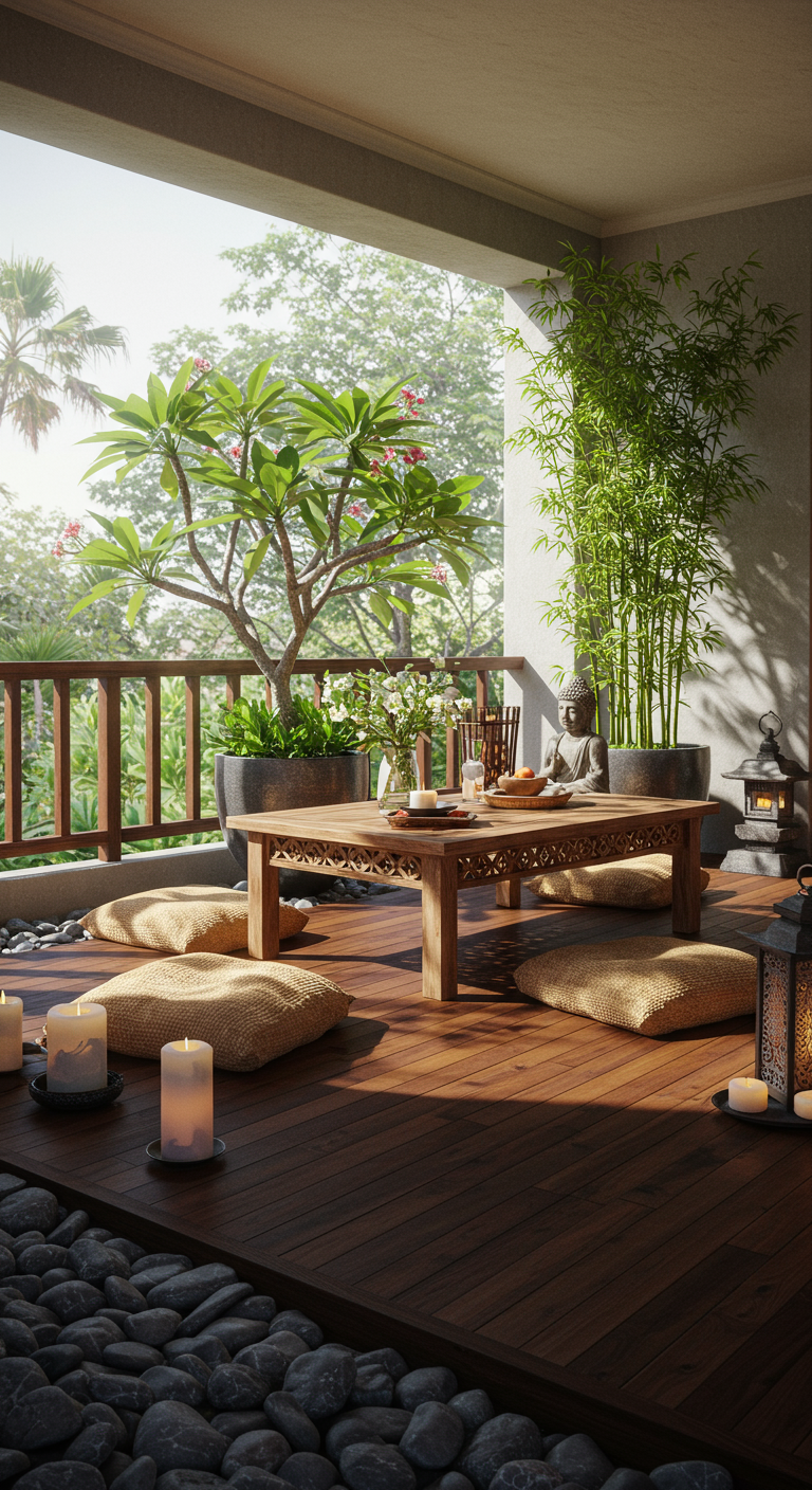 Zen balkon met lage houten tafel, vloerkussens, bamboe, Boeddha beeldje en kaarsen.