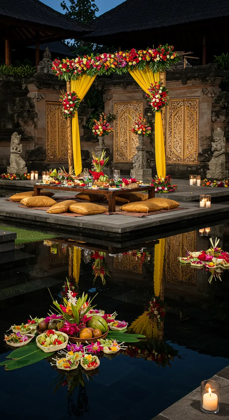 Balinese feestsetting aan een vijver met lage tafel, gele kussens, bloemenboog en drijvende decoraties.