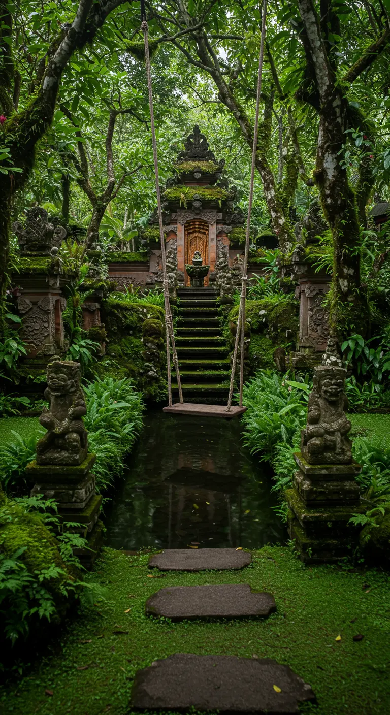 Houten schommel voor een traditionele Balinese tempel met water, omringd door mosbomen.