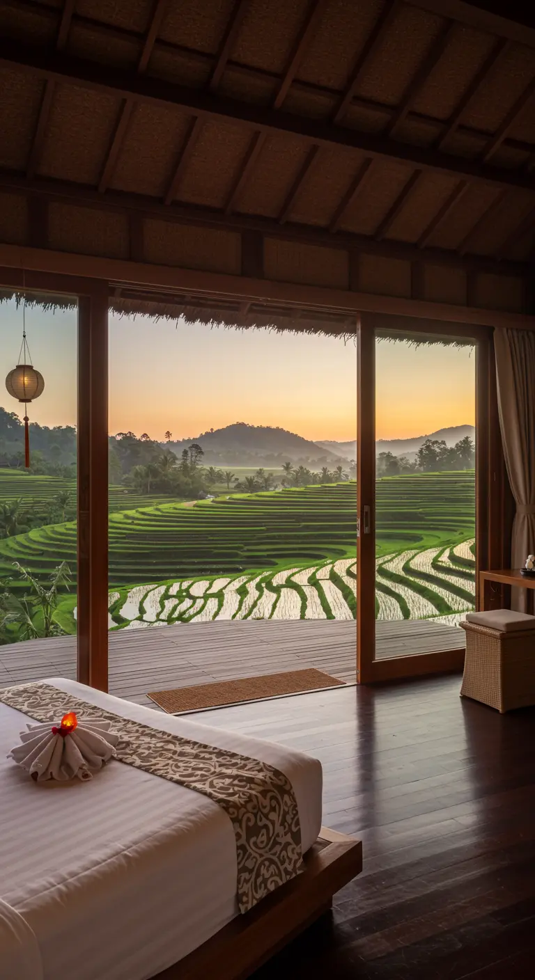 Balinese slaapkamer met uitzicht op rijstterrassen bij zonsopgang.