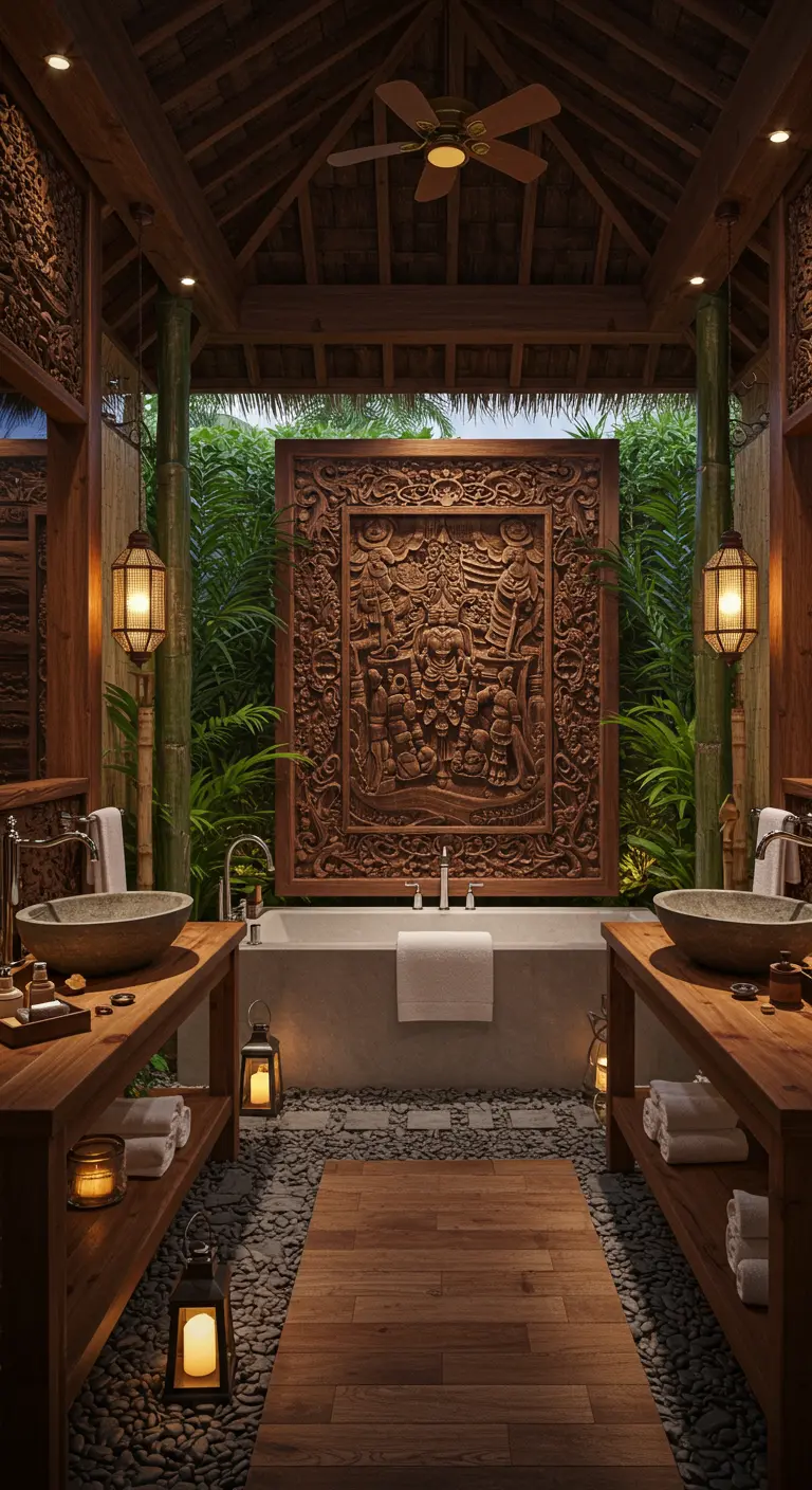 Balinese stijl badkamer met een groot, gedetailleerd houtsnijwerk paneel boven het bad.