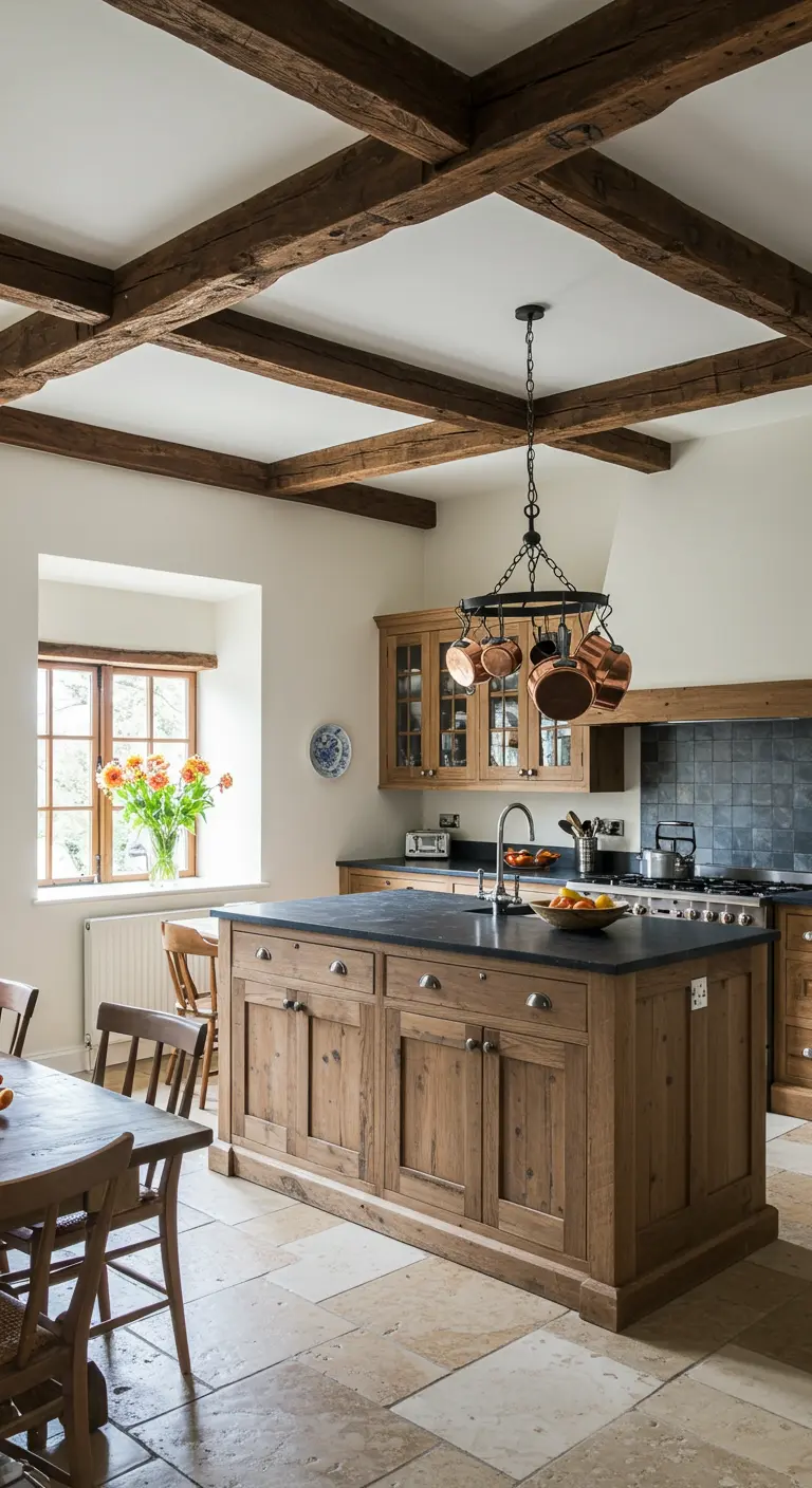 Landelijke houten keuken met stenen vloer en een opvallend houten balkenplafond.