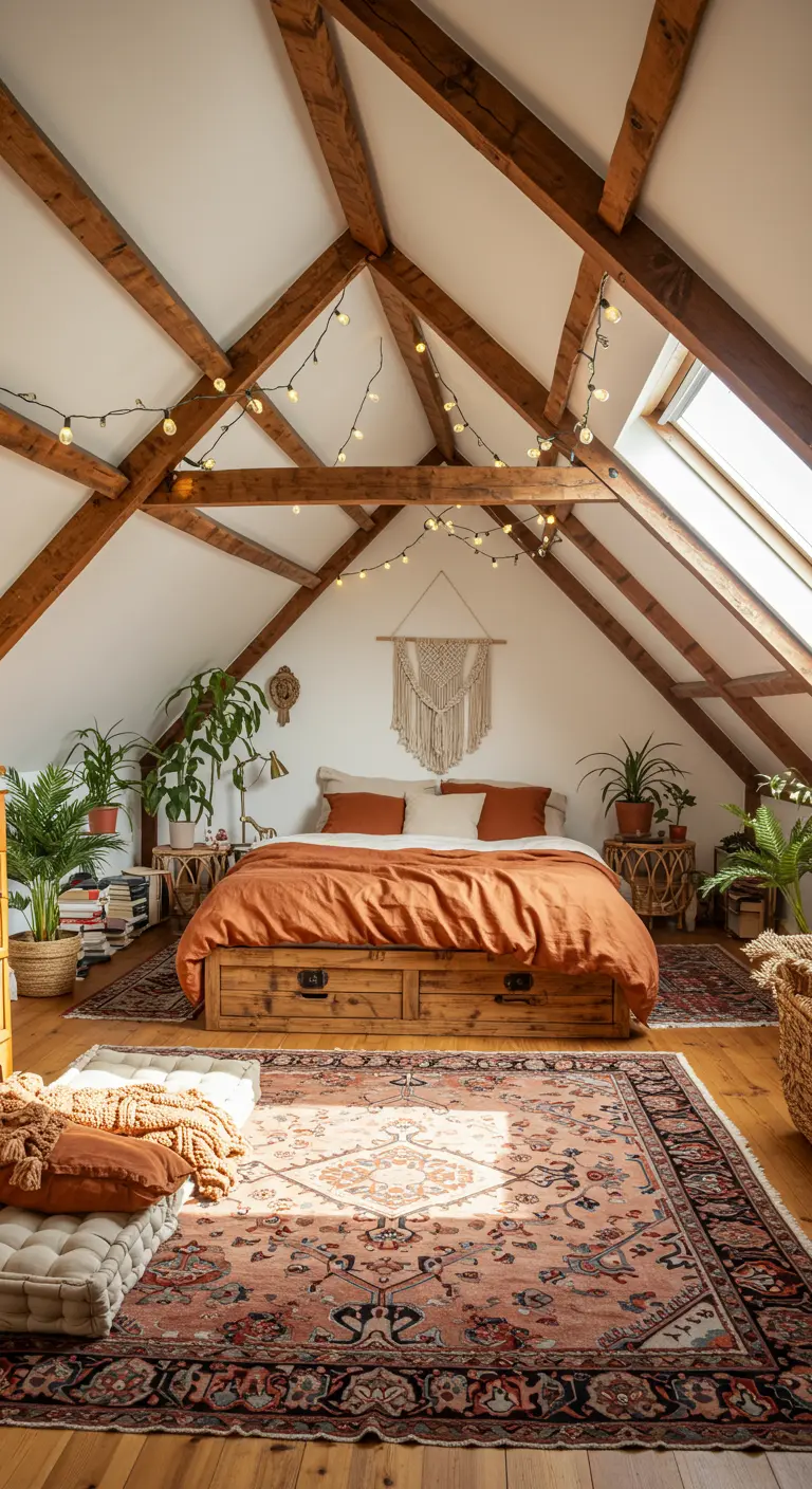 Slaapkamer met schuine houten balken, lichtsnoer, boho vloerkleed en planten.
