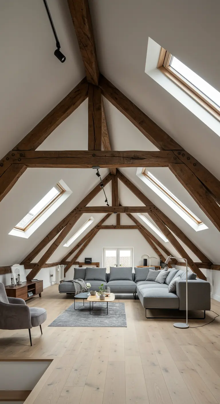 Zolderwoonkamer met zichtbare houten balkenconstructie, dakramen en grijze bank.