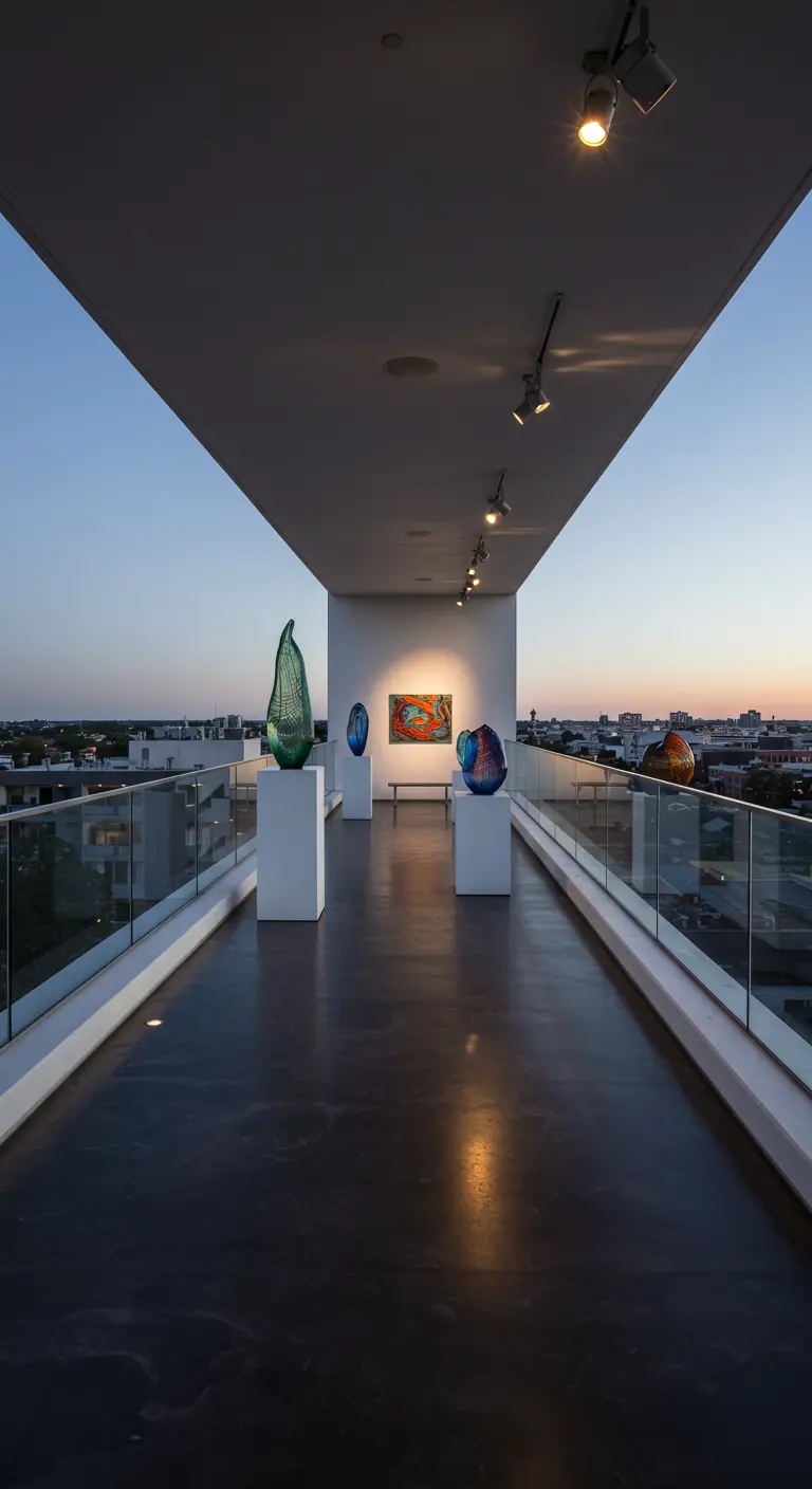 Modern balkon als buitengalerie met glazen balustrade en uitgelichte glaskunst.