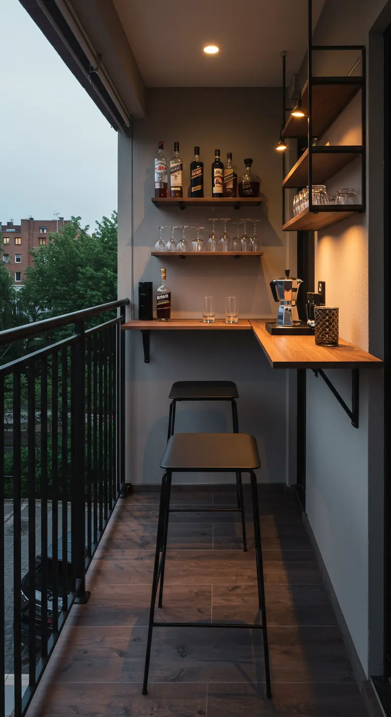 Smal balkon ingericht als bar met hoge tafel, barkrukken en planken voor drank.