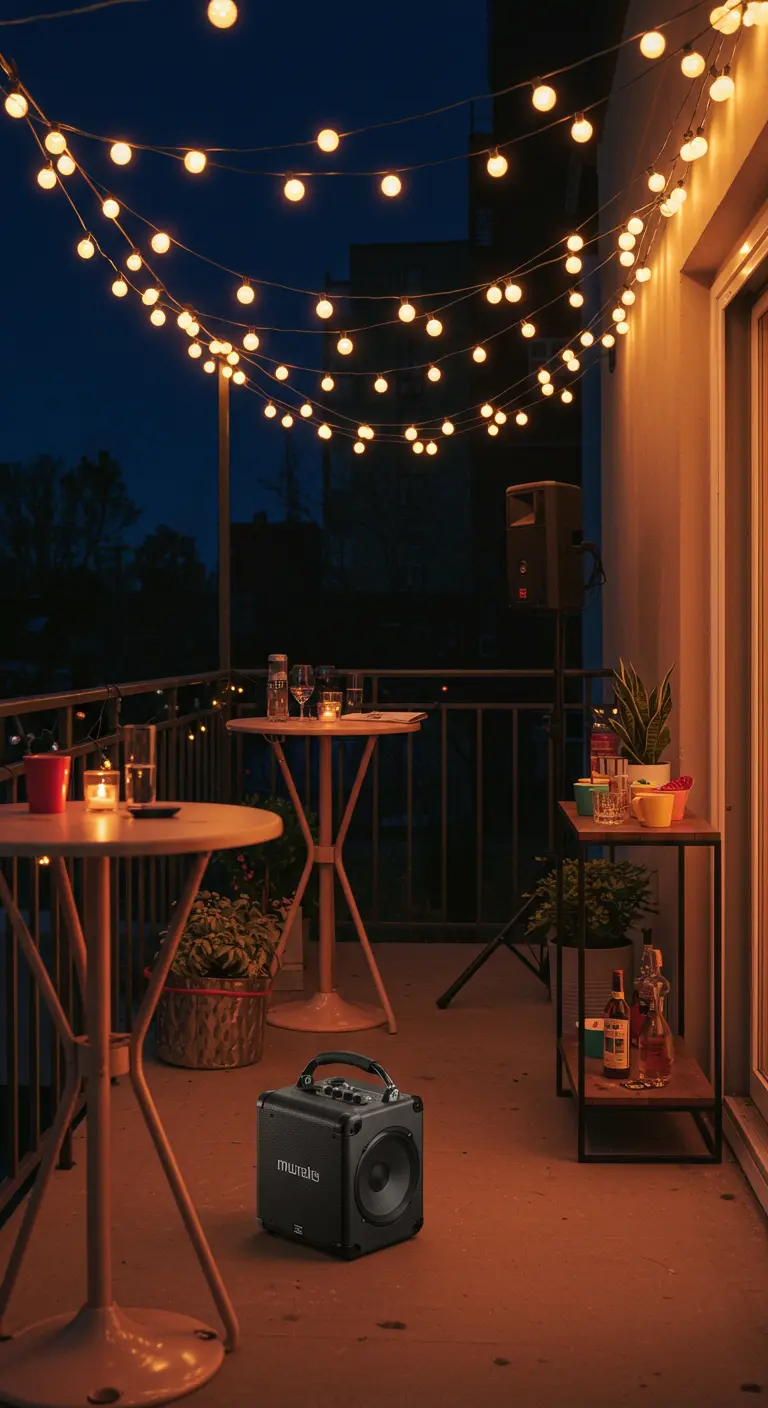 Balkon met statafels, speakers en feestelijke lichtslingers voor een dansfeestje.
