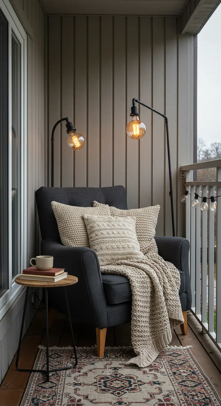 Comfortabele fauteuil op balkon met gebreide kussens, plaid en industriële lampen.