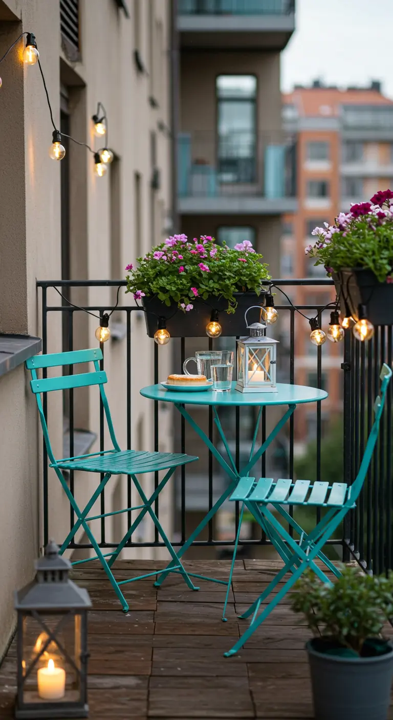 Klein balkon met turquoise bistroset, bloemen, lantaarns en lichtslinger.