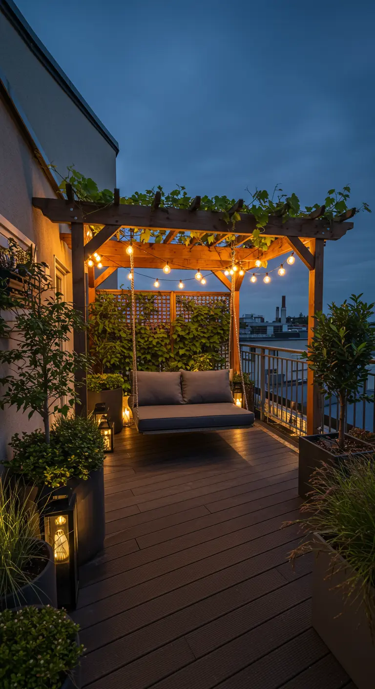 Balkon met houten pergola, wijnranken, schommelbank, lichtslingers en uitzicht op de stad.