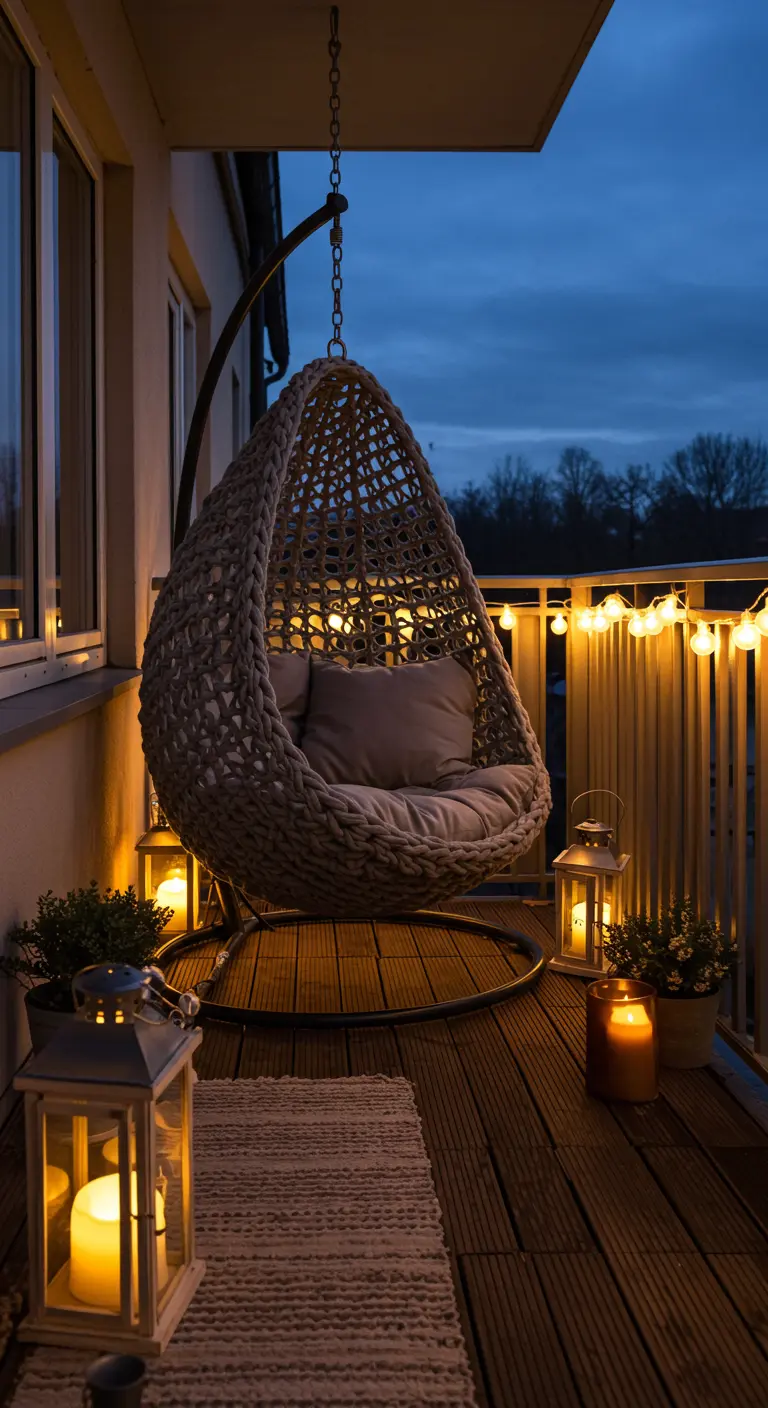 Rotan ei-hangstoel op een balkon 's avonds, verlicht met lantaarns en een lichtsnoer.
