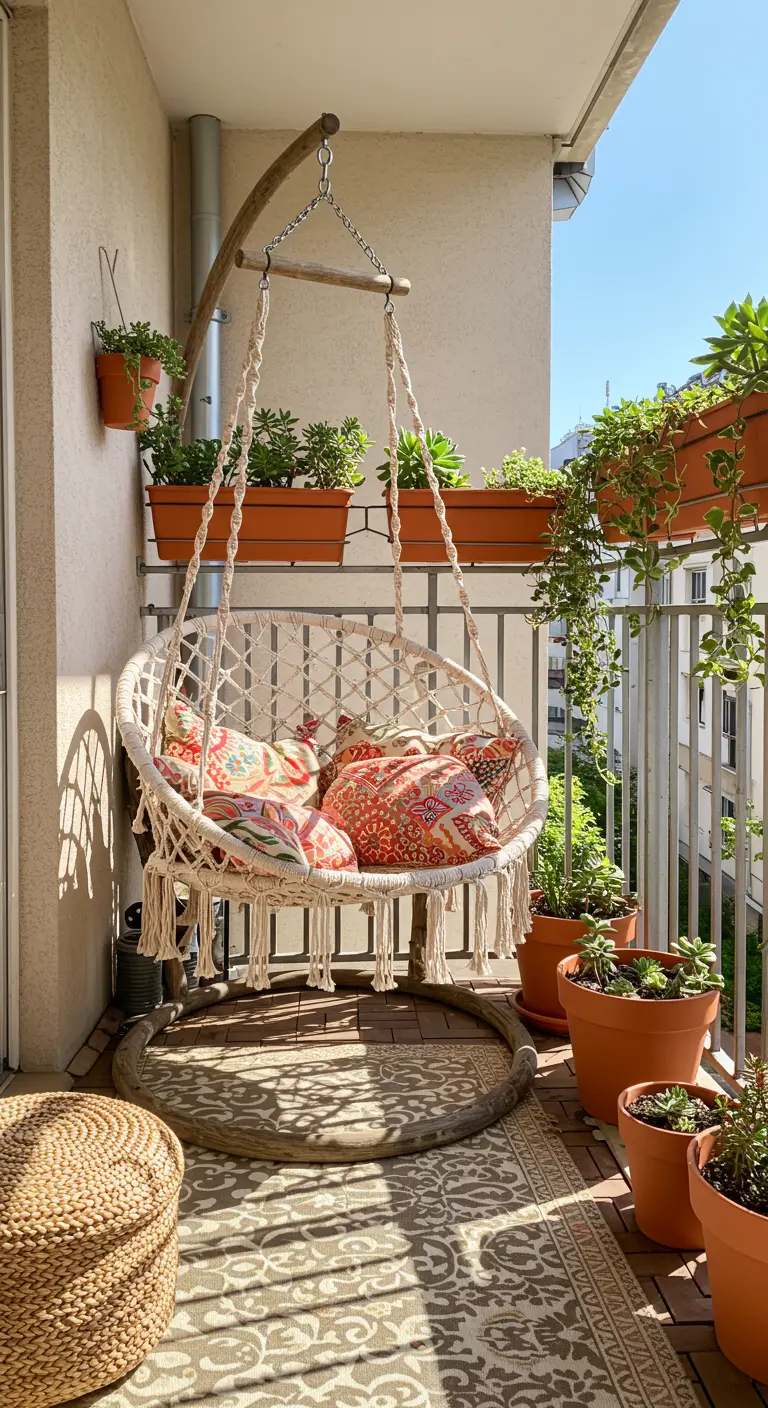Witte macramé hangstoel met kleurrijke kussens op een balkon vol planten.