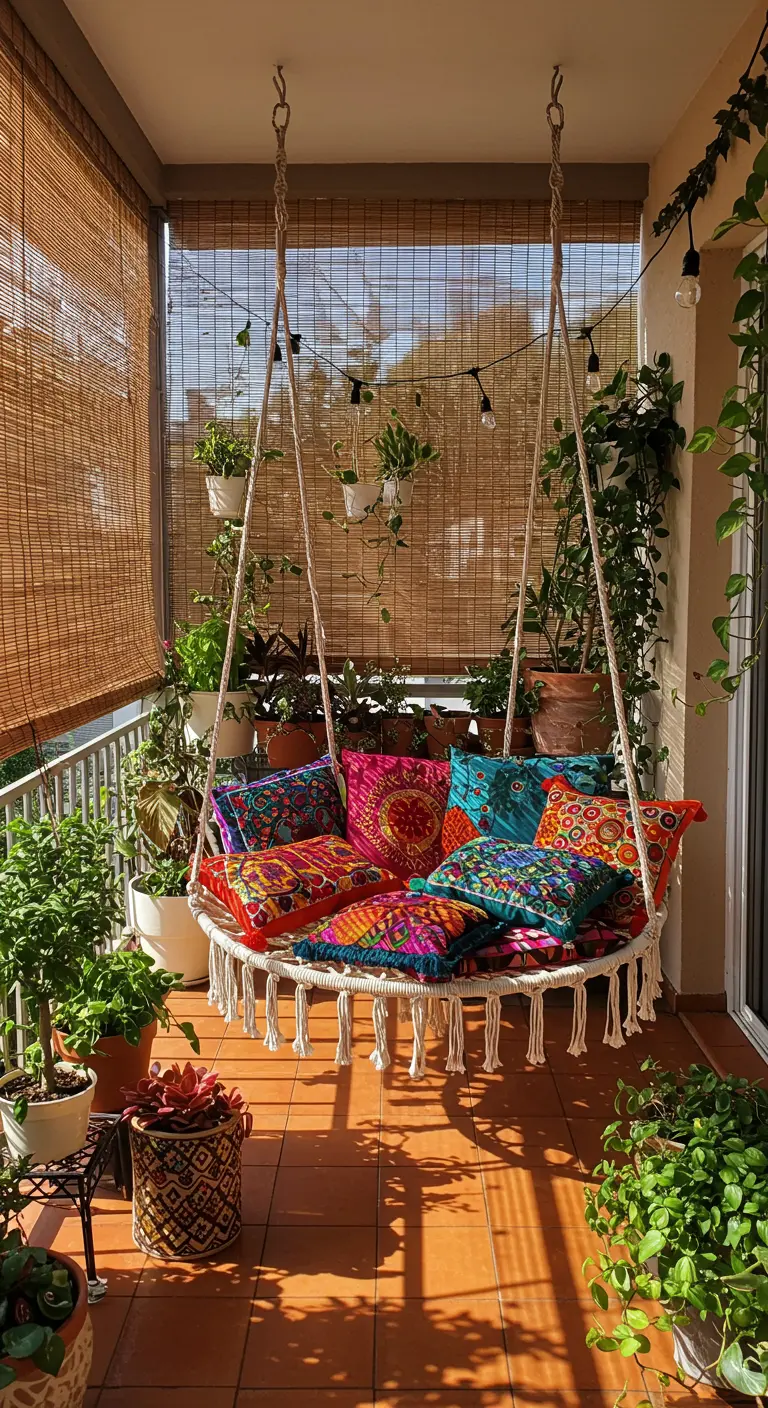 Ronde macramé hangschommel op balkon met kleurrijke kussens en planten.