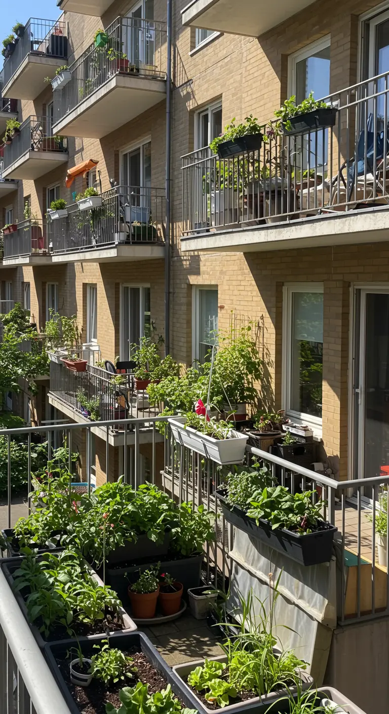 Appartementengebouw met meerdere balkons vol met diverse plantenbakken en mini-moestuinen.