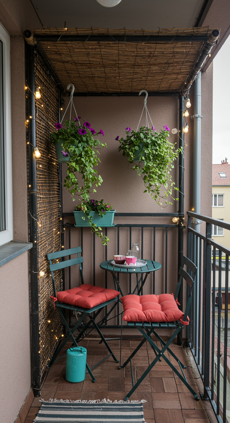Klein balkon met bamboe afdak, hangplanten, klapstoeltjes en lichtsnoer.