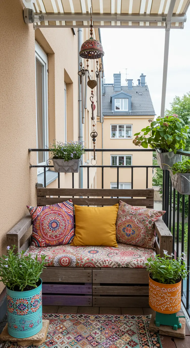 Klein balkon met DIY houten bankje, kleurrijke kussens en een windgong.