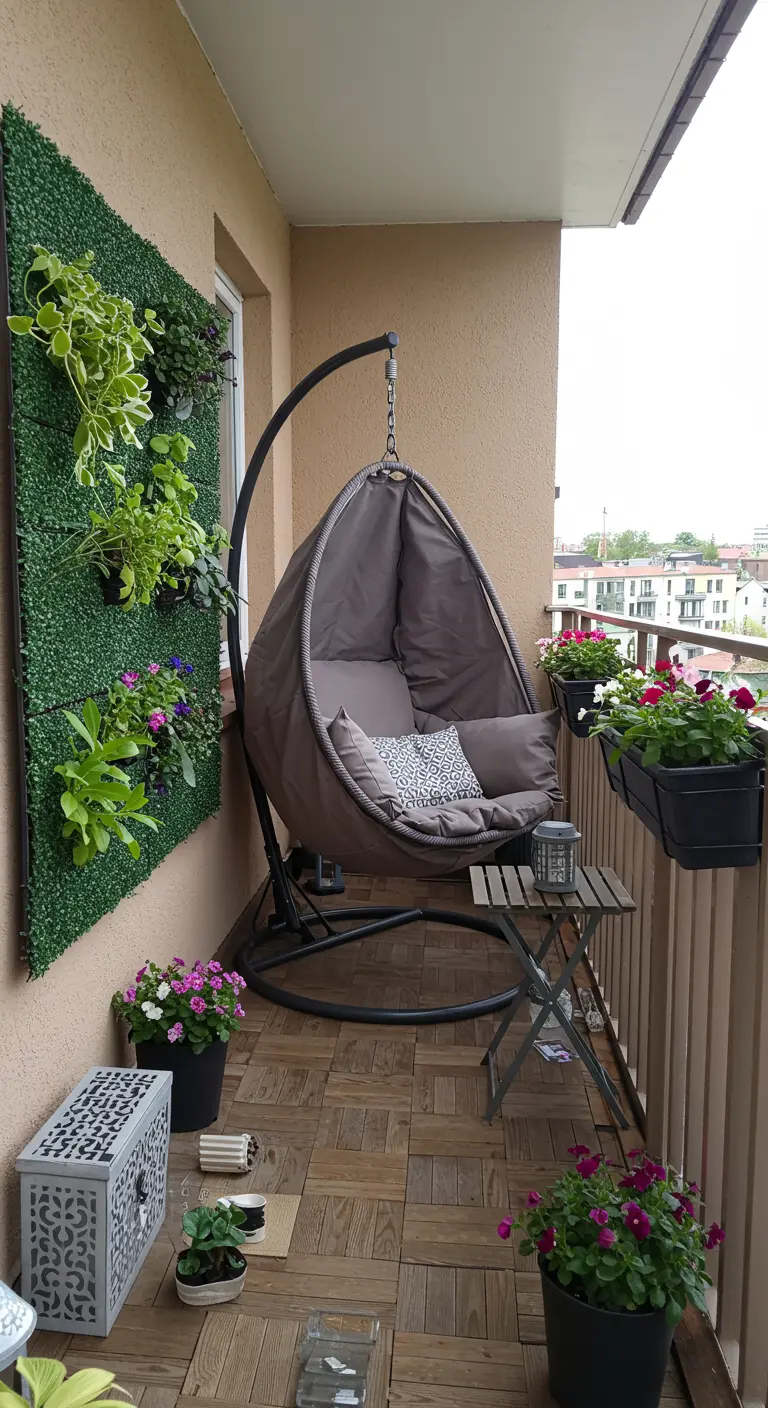 Grijze eivormige hangstoel op een balkon met een verticale plantenwand en houten vlonders.