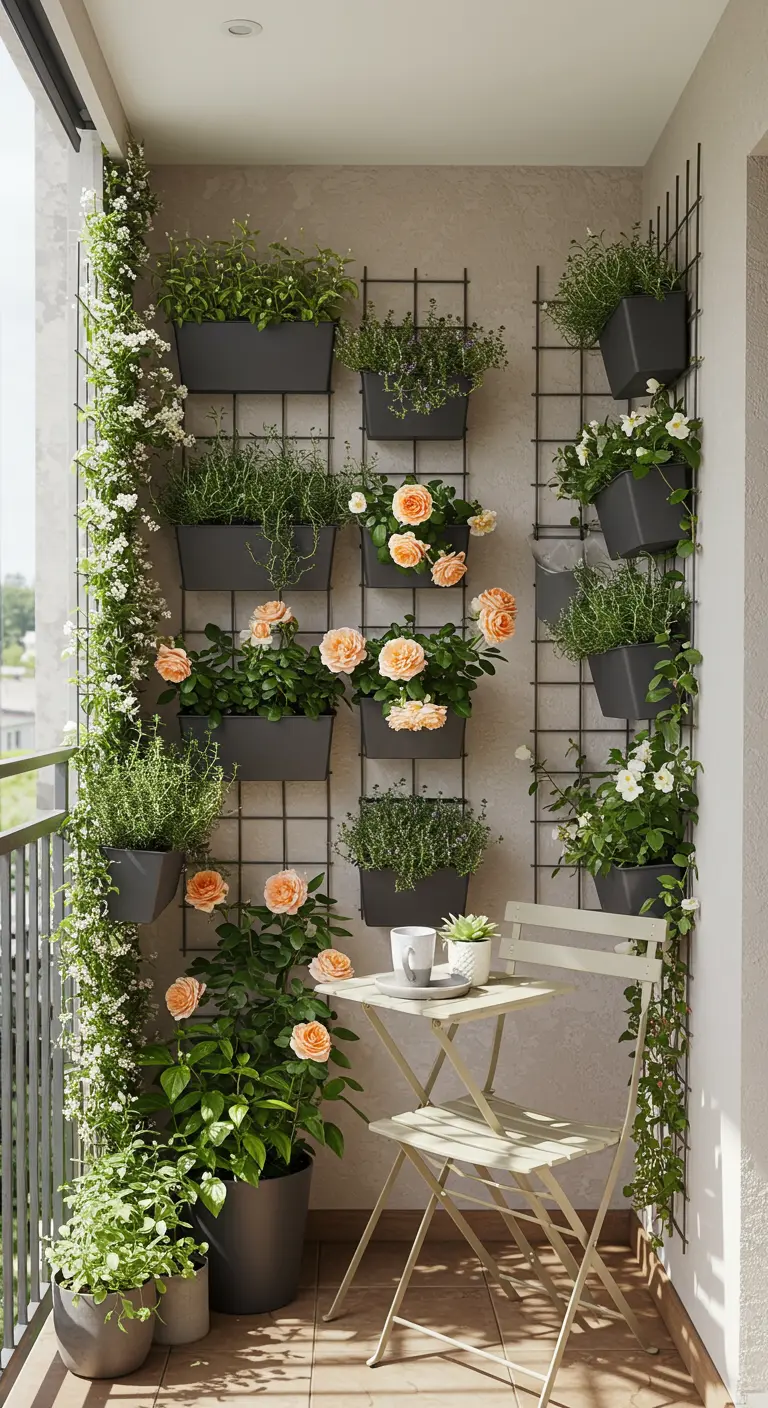 Balkon met verticale tuin van rozen en kruiden aan klimrekken, en een klein bistrosetje.