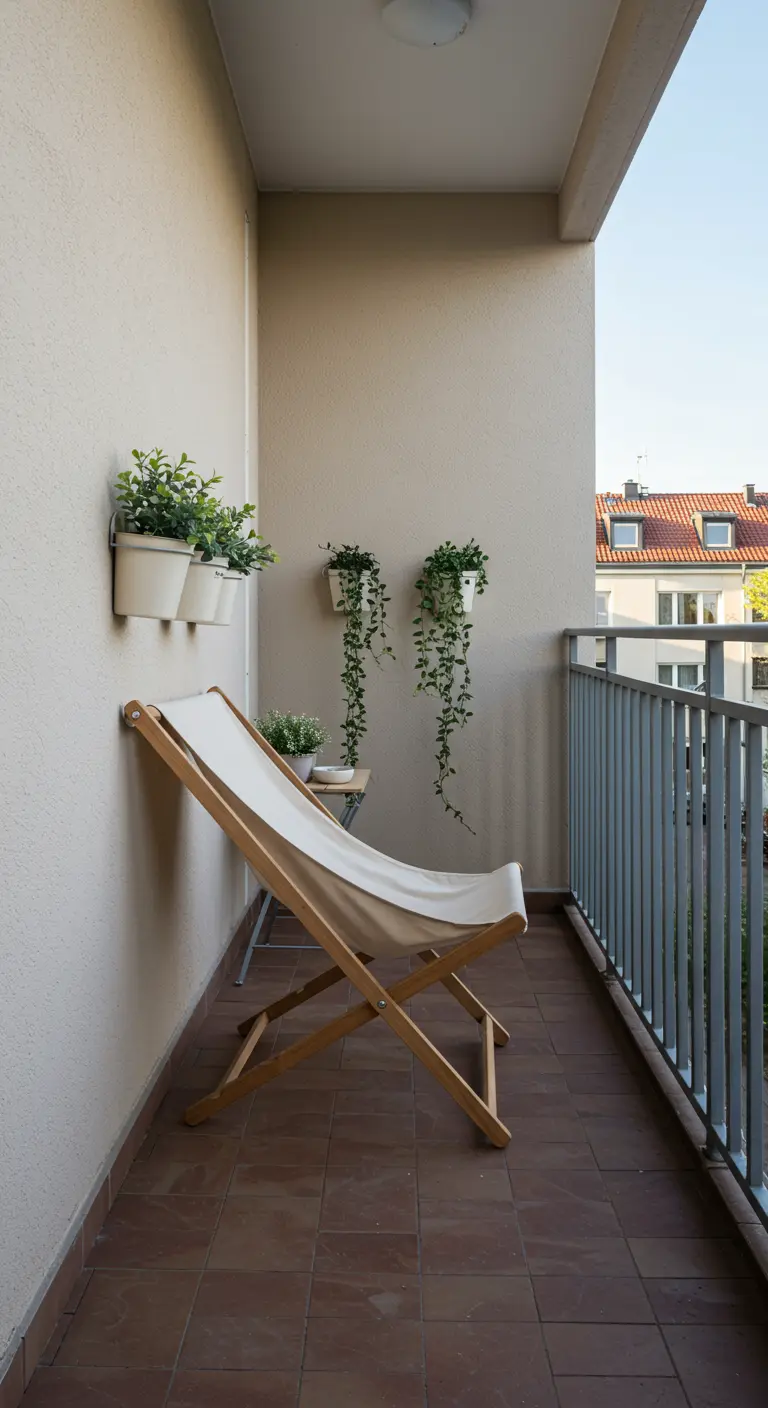 Houten klapstoel op smal balkon met witte muren en hangplanten.