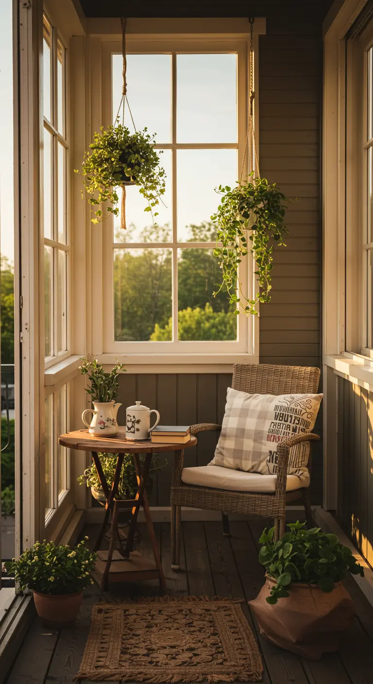 Knus balkon met een oude rotan stoel, tafeltje, en hangplanten bij een groot raam.