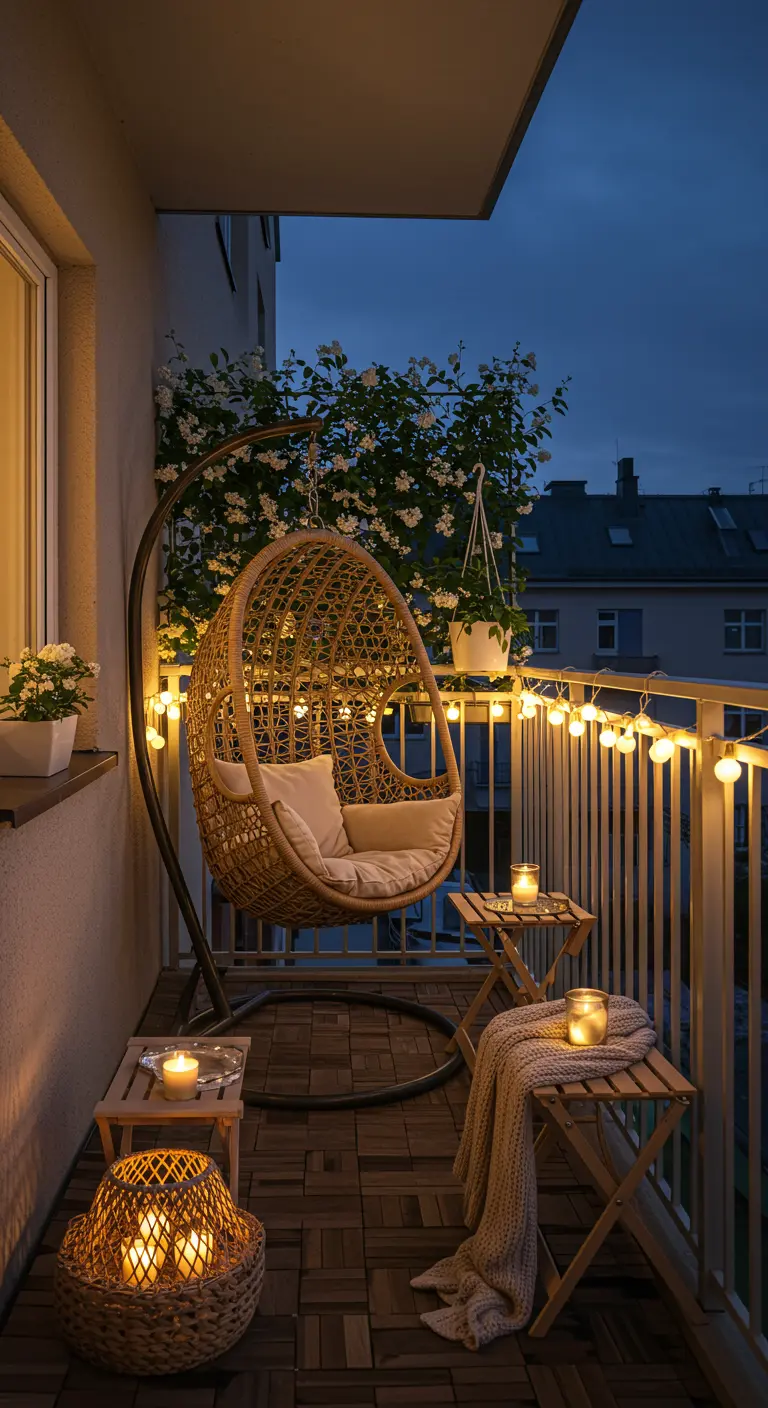 Knus balkon met rotan hangstoel, lichtsnoer, kaarsen en planten in de avond.