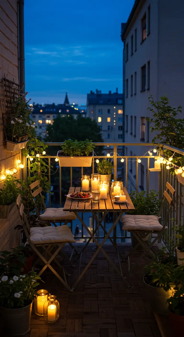 Gezellig balkon met lichtsnoer, kaarsen en veel planten.