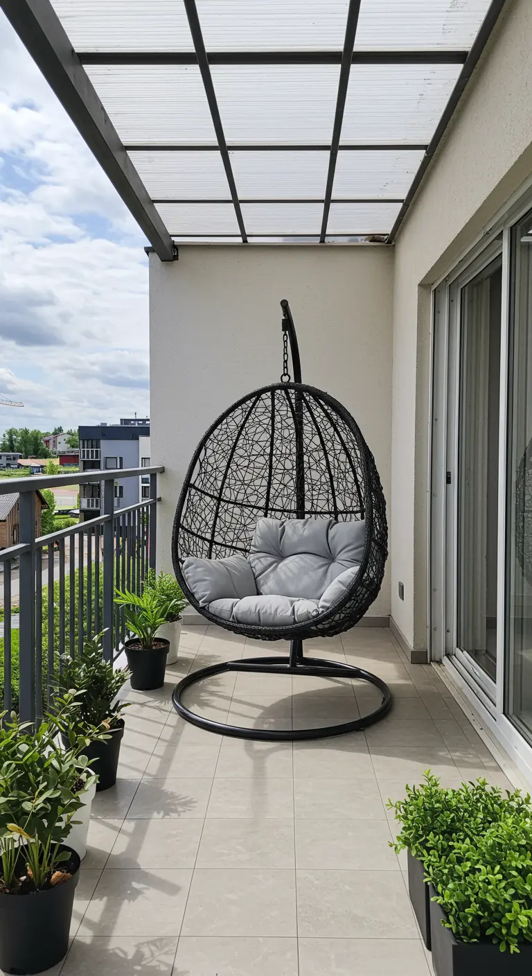 Zwarte polyrotan eivormige hangstoel op een modern balkon met overkapping.