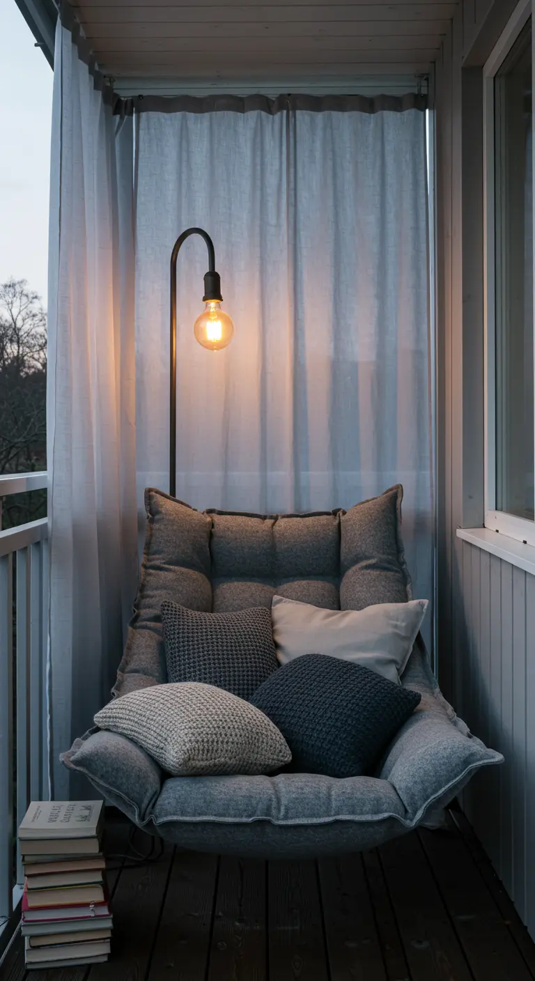 Grijze fauteuil op een balkon, omringd door een gordijn, met kussens en een warme lamp.