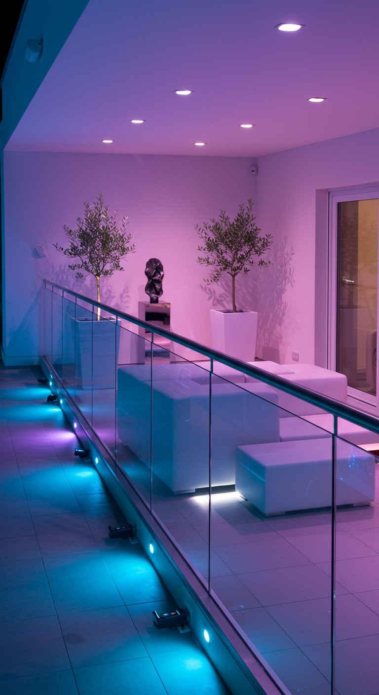 Modern balkon met witte meubels en gekleurde LED-verlichting in blauw en paars.