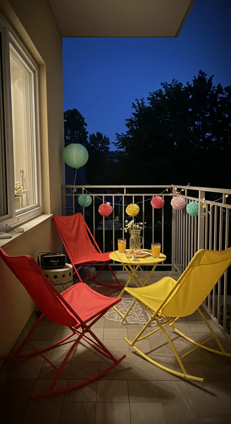 Rode en gele stoffen inklapbare schommelstoelen op een balkon met lampionnen en een tafeltje.