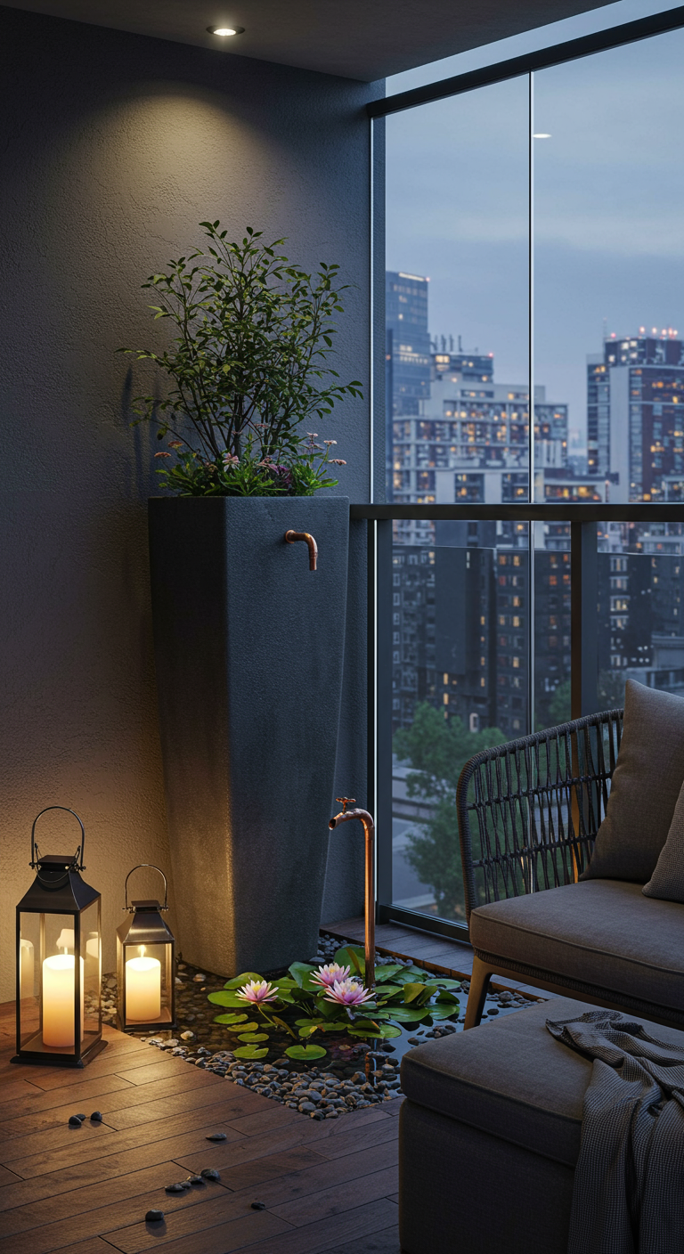 Moderne plantenbak met koperen kraan die water in een schaal met waterlelies laat stromen op een balkon.