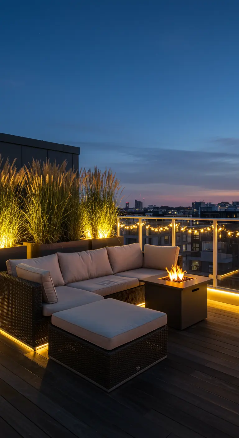 Modern dakterras met loungebank, vuurtafel en LED-strip verlichting.