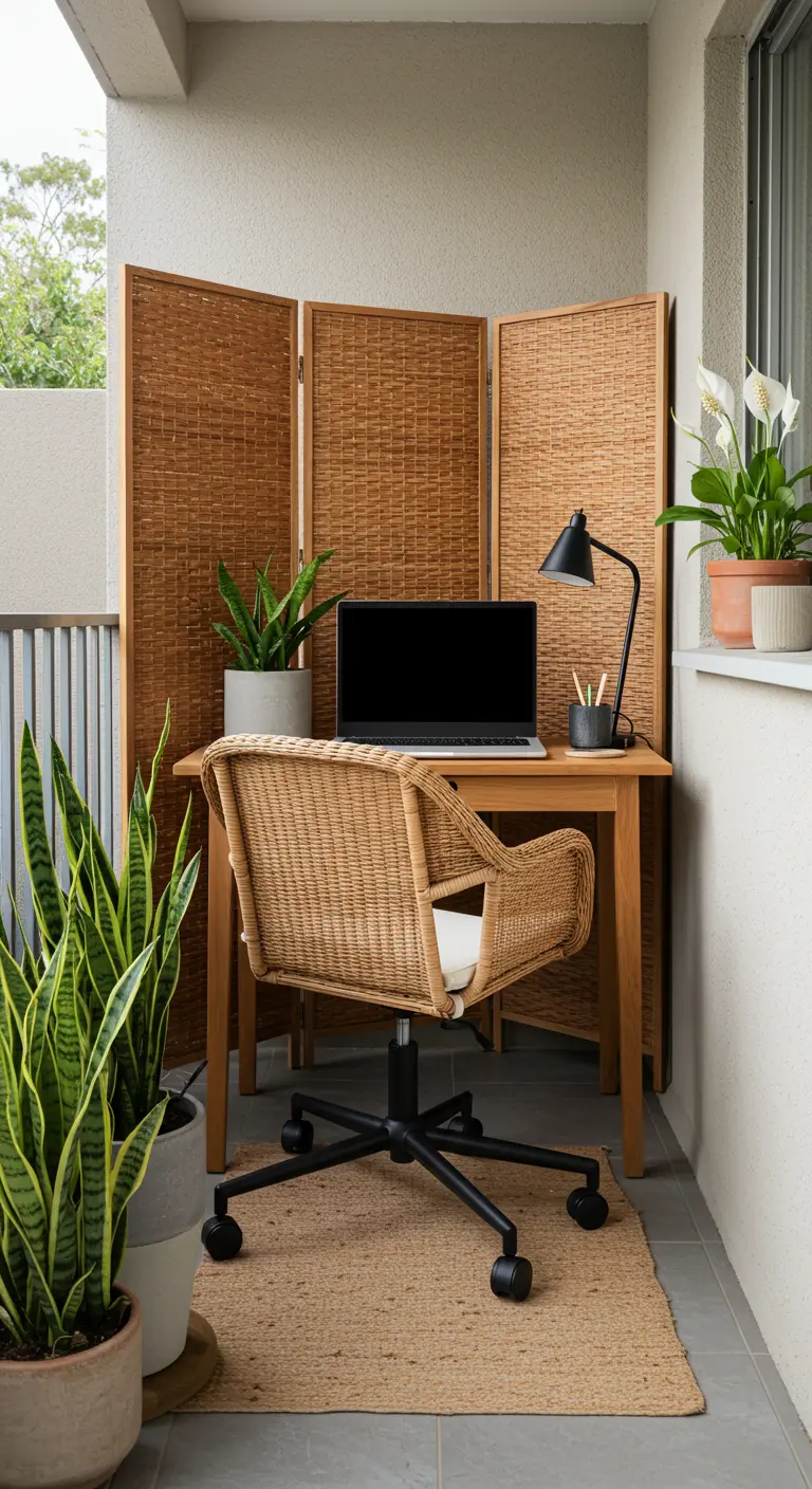 Rieten bureaustoel aan houten bureau op balkon, afgeschermd met een rieten kamerscherm.