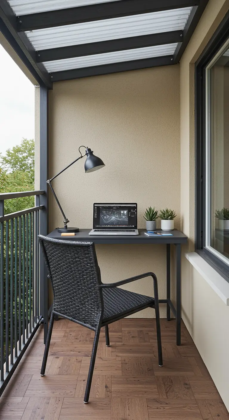Compacte werkplek op een overdekt balkon met een polyrotan stoel en laptop op een bureau.