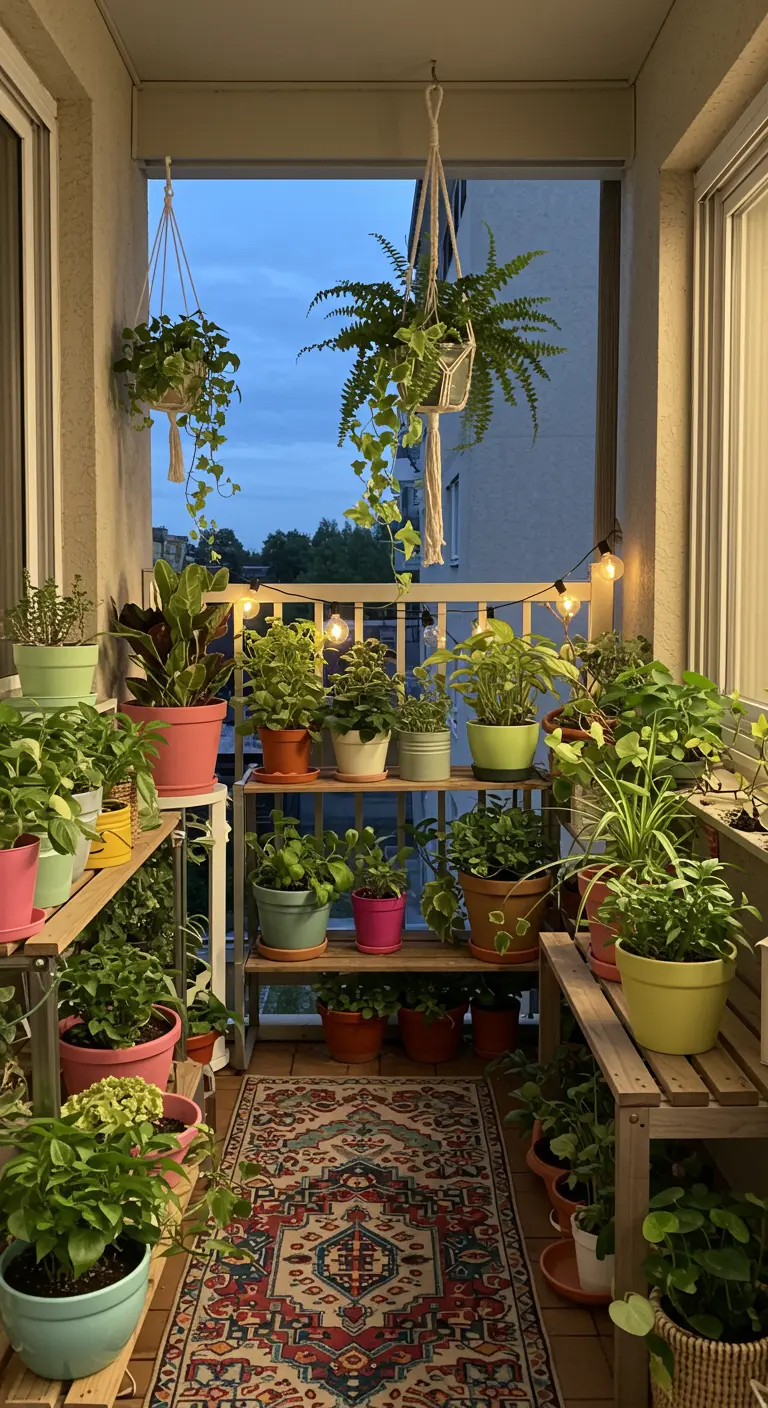Sfeervol verlicht balkon 's avonds met veel hangplanten, potplanten en een kleurrijk kleed.