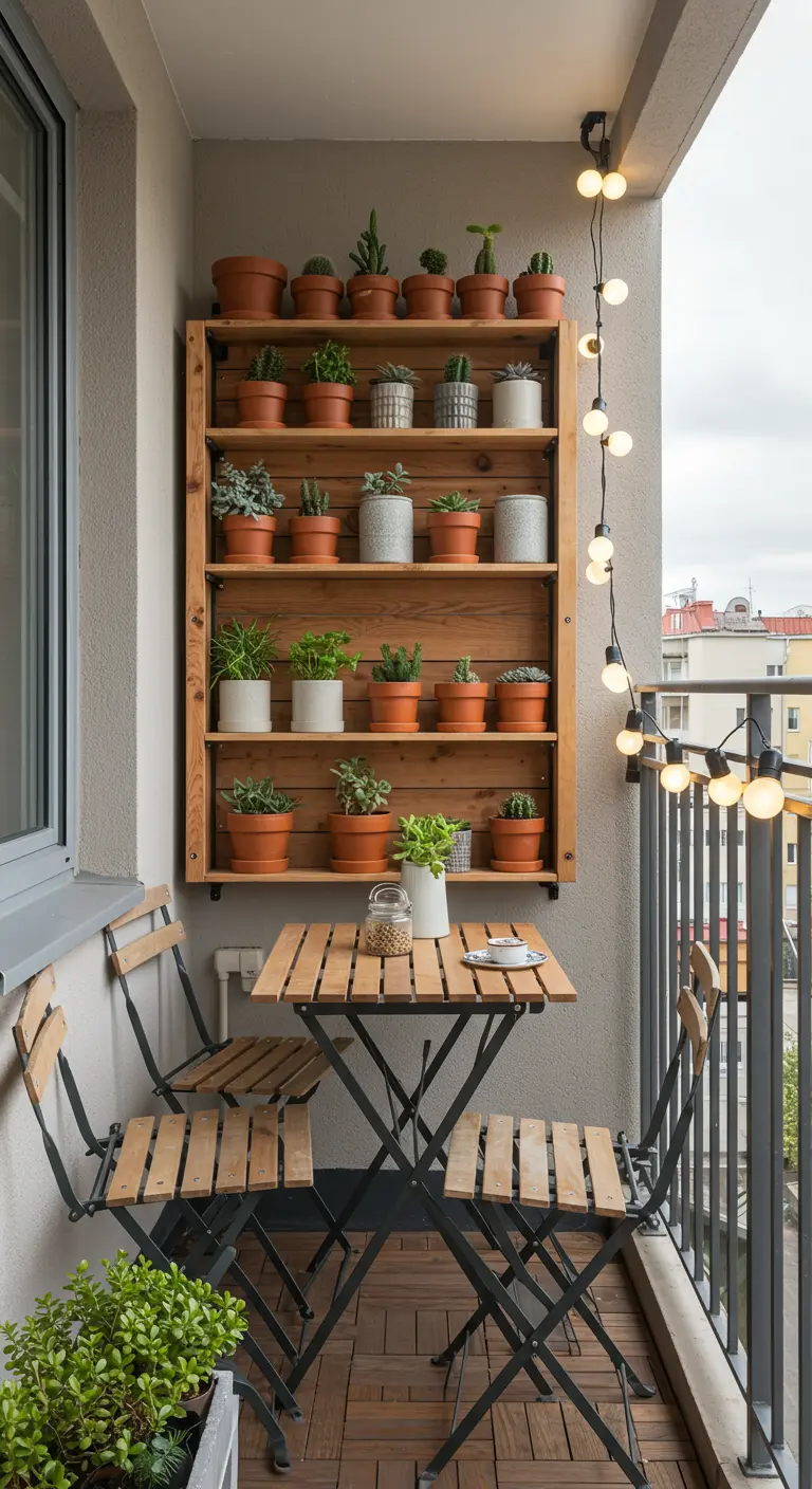 Klein balkon met houten stellingkast vol potplanten, een bistroset en een lichtslinger.