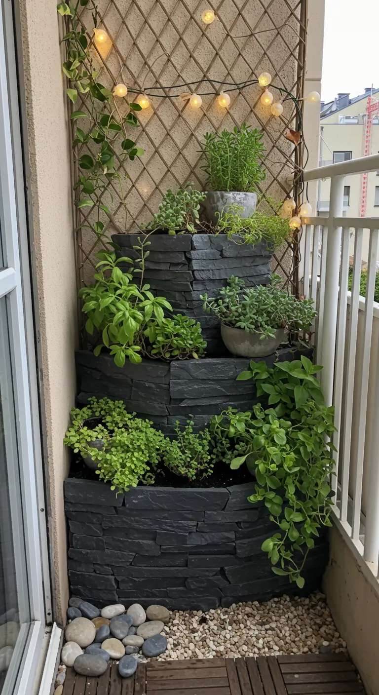 Gestapelde leistenen plantenbak op balkon met diverse plantjes en lichtjes.