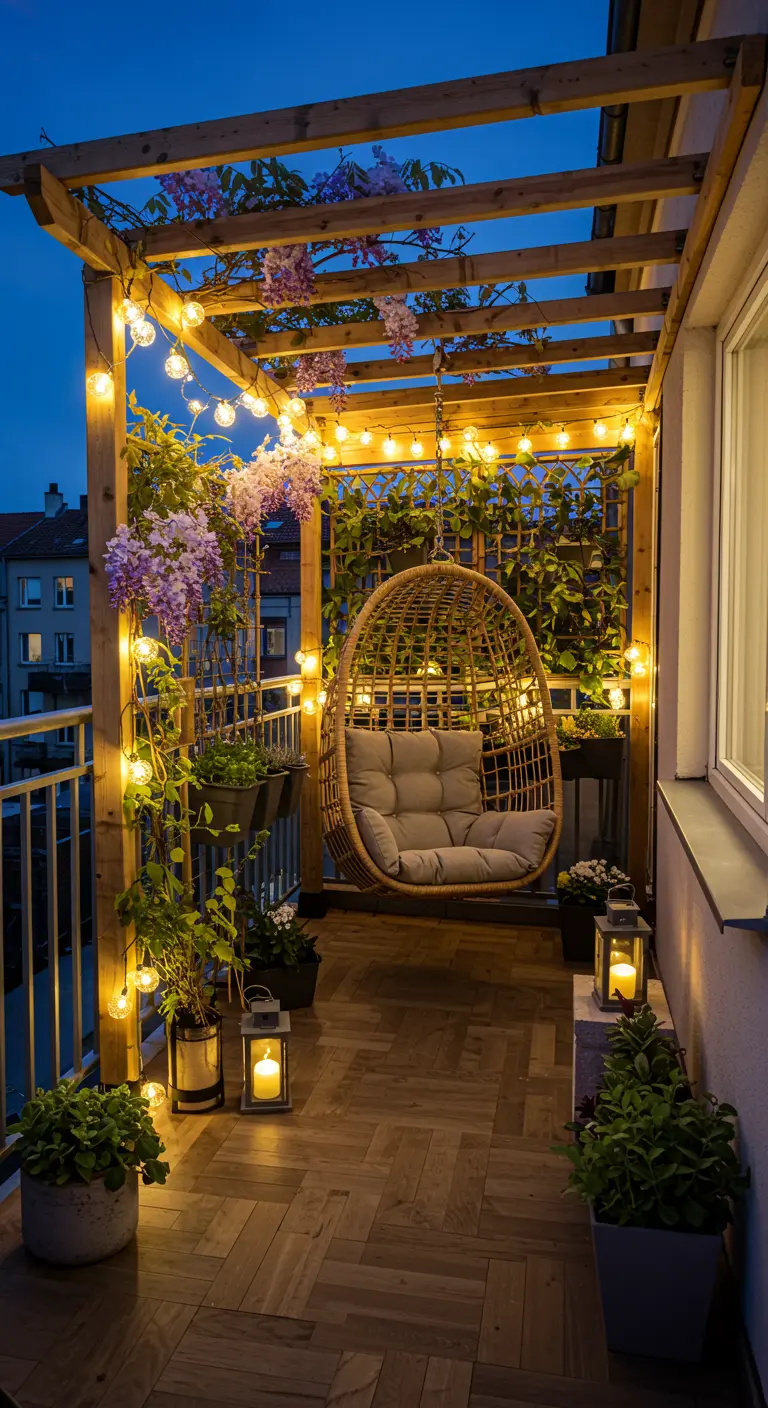 Balkon met houten pergola, wisteria, rotan hangstoel, lichtslingers en lantaarns.