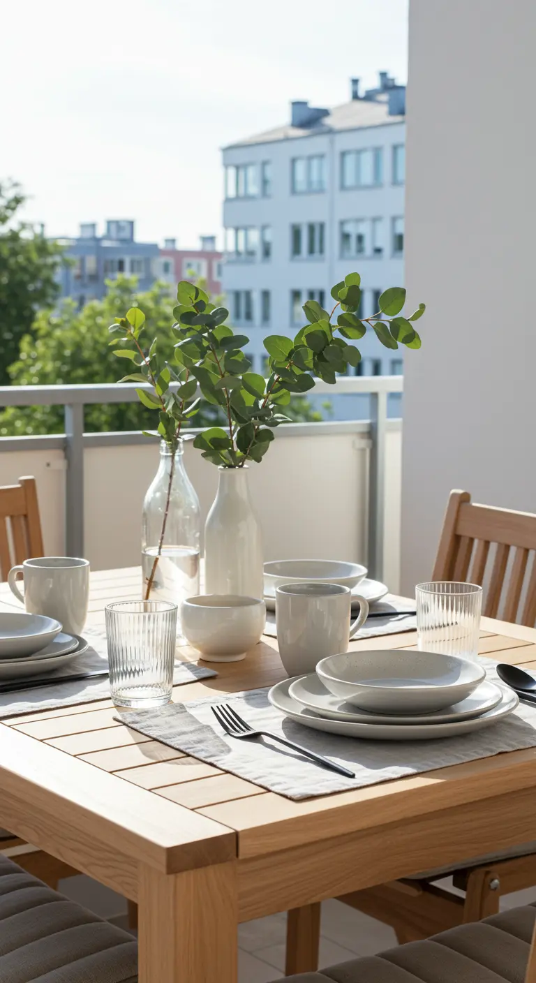 Scandinavisch gedekte balkontafel met eucalyptus en neutraal servies.