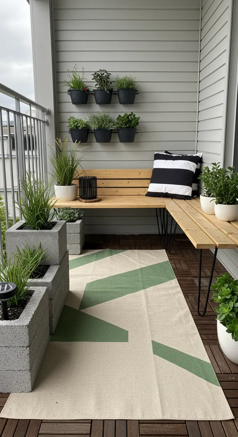 Modern balkon met houten bank, grafisch kleed en hangende plantenbakken.