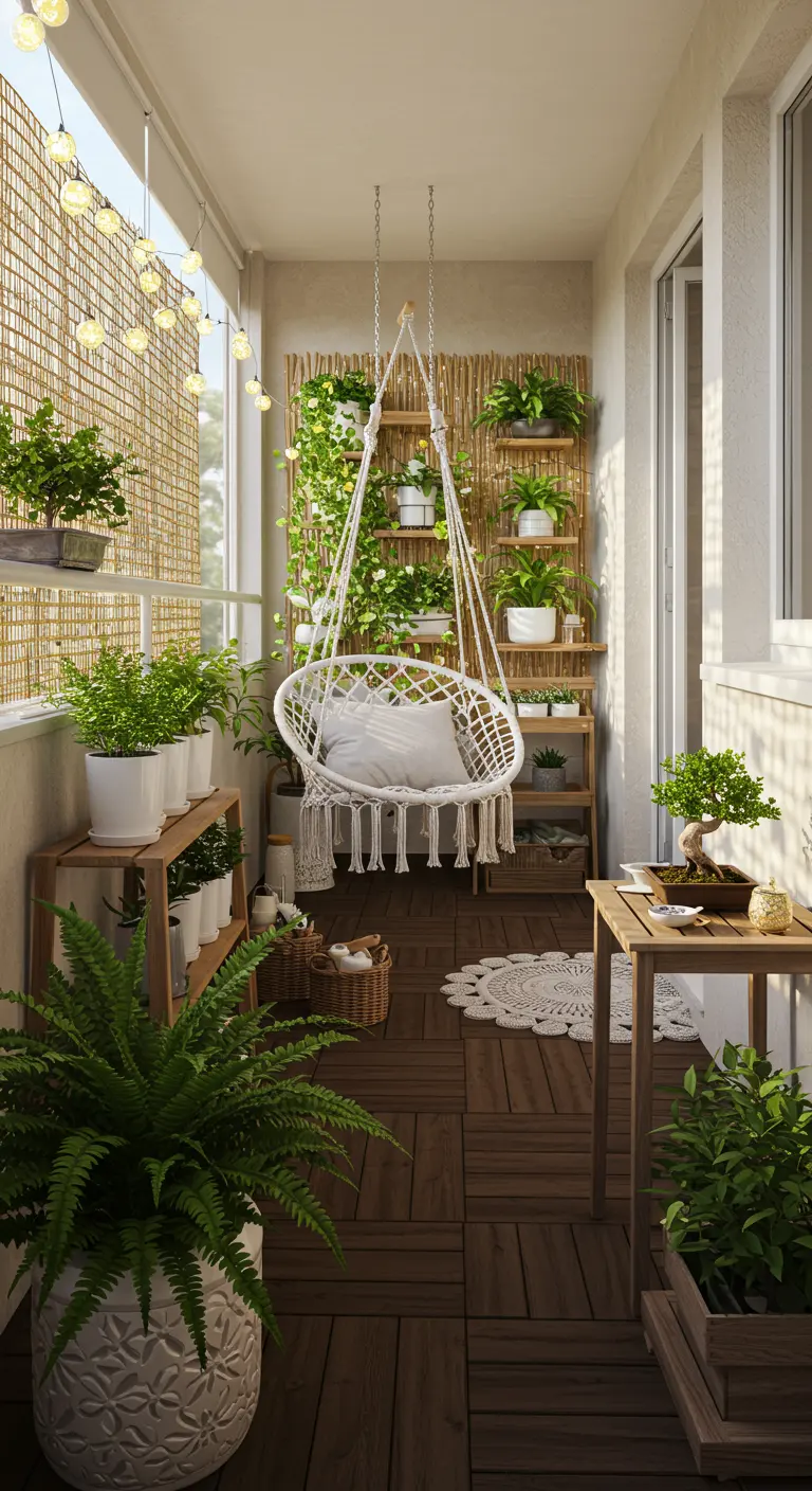 Witte macramé hangstoel op balkon omringd door planten en een lichtsnoer.