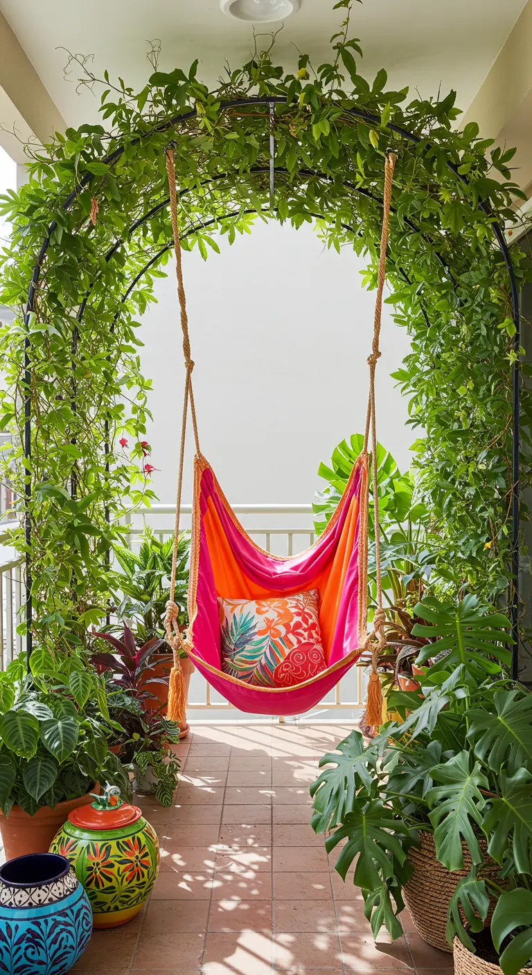 Kleurrijke hangmatstoel onder een met klimplanten begroeide metalen boog op een balkon.